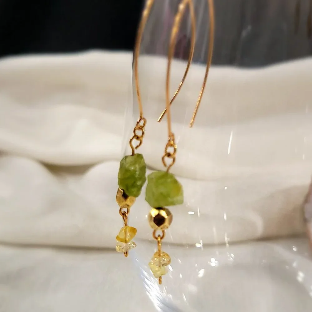 Raw Peridot and Citrine Earrings - Picture 2 of 2